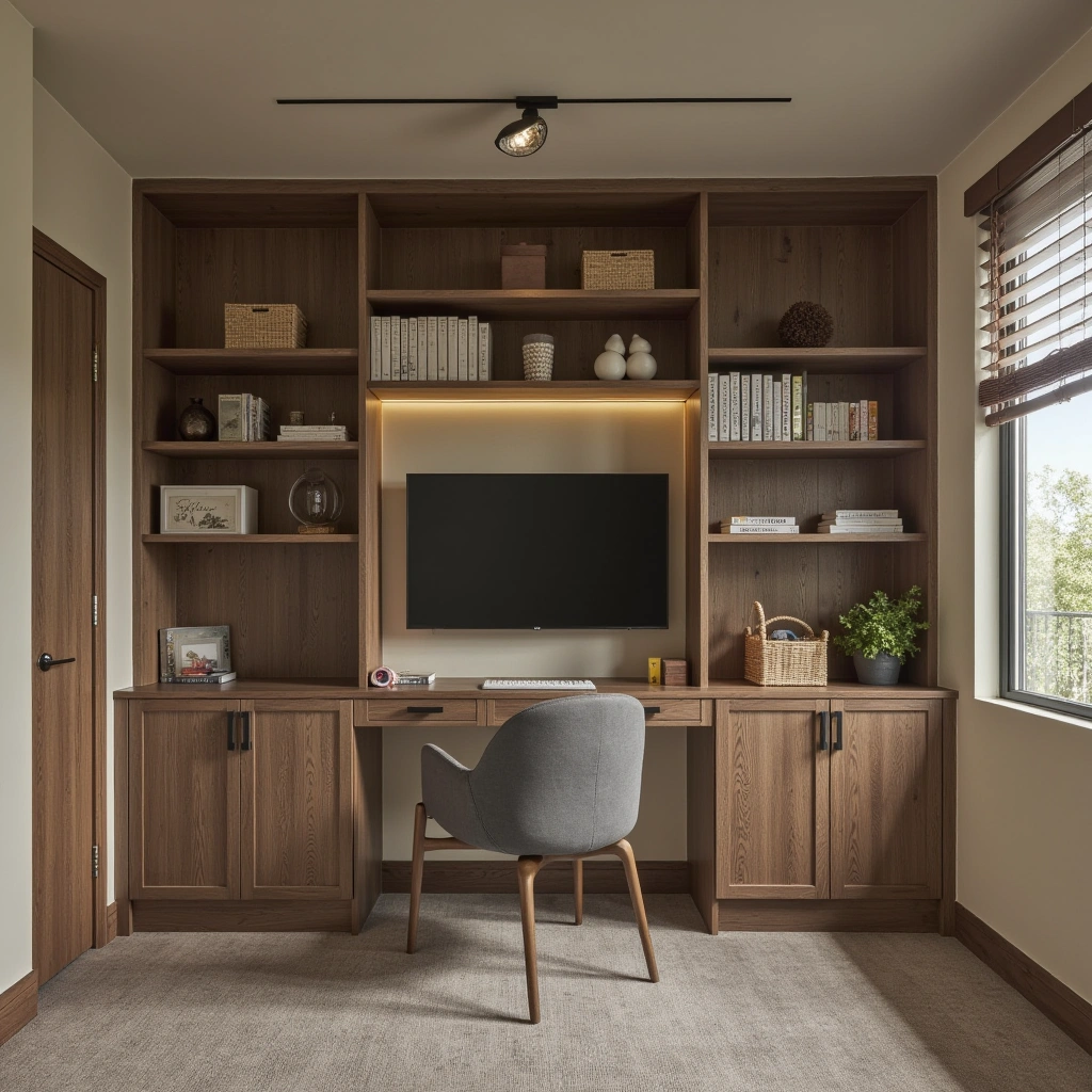 Basement Home Office with Built-in Shelving