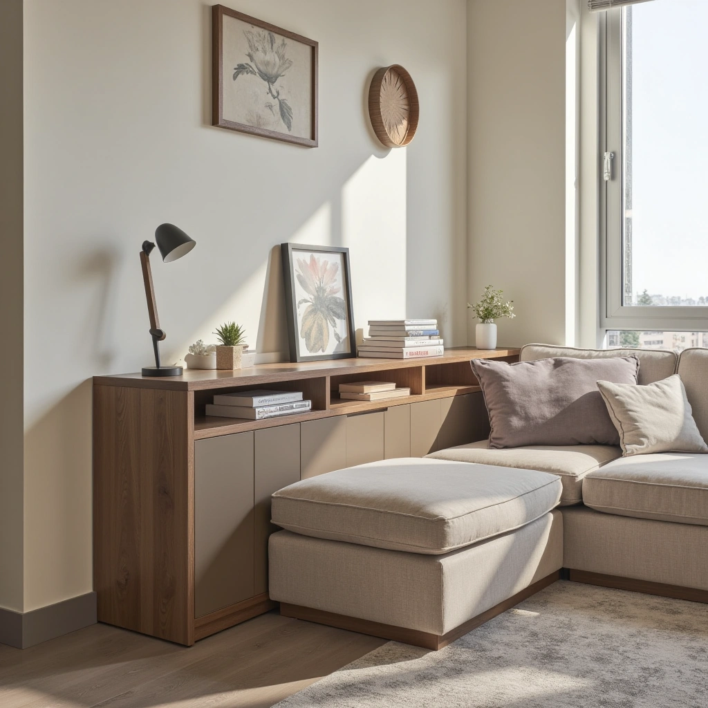 17. Wall-Mounted Ottoman Table Behind Couch