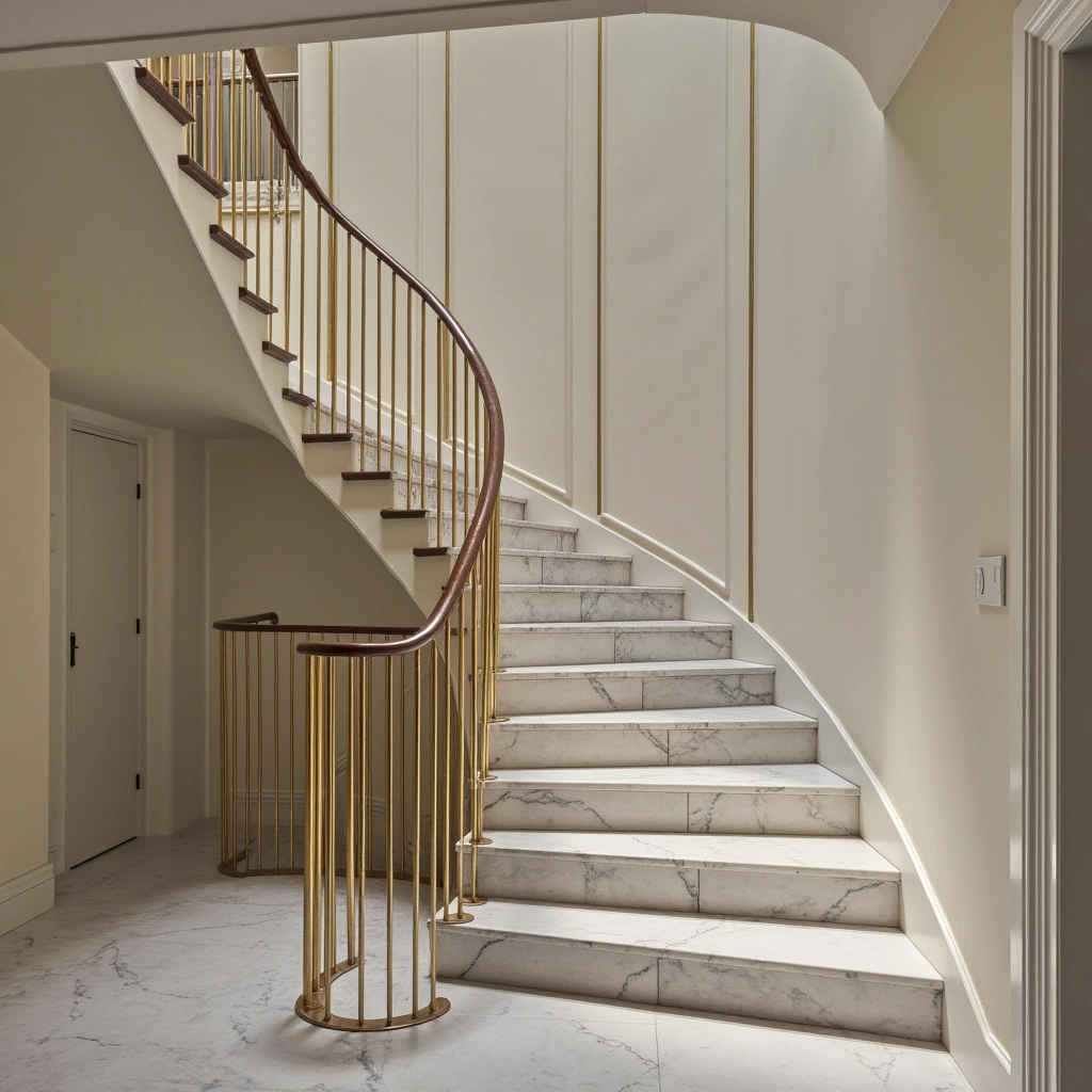 1. Classic Marble Staircase with Gold Railings