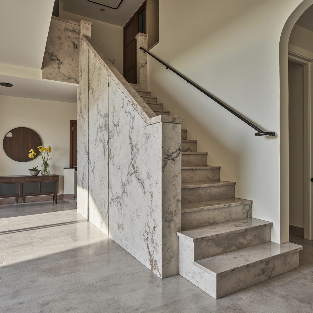 7. Marble Staircase with a Waterfall Feature