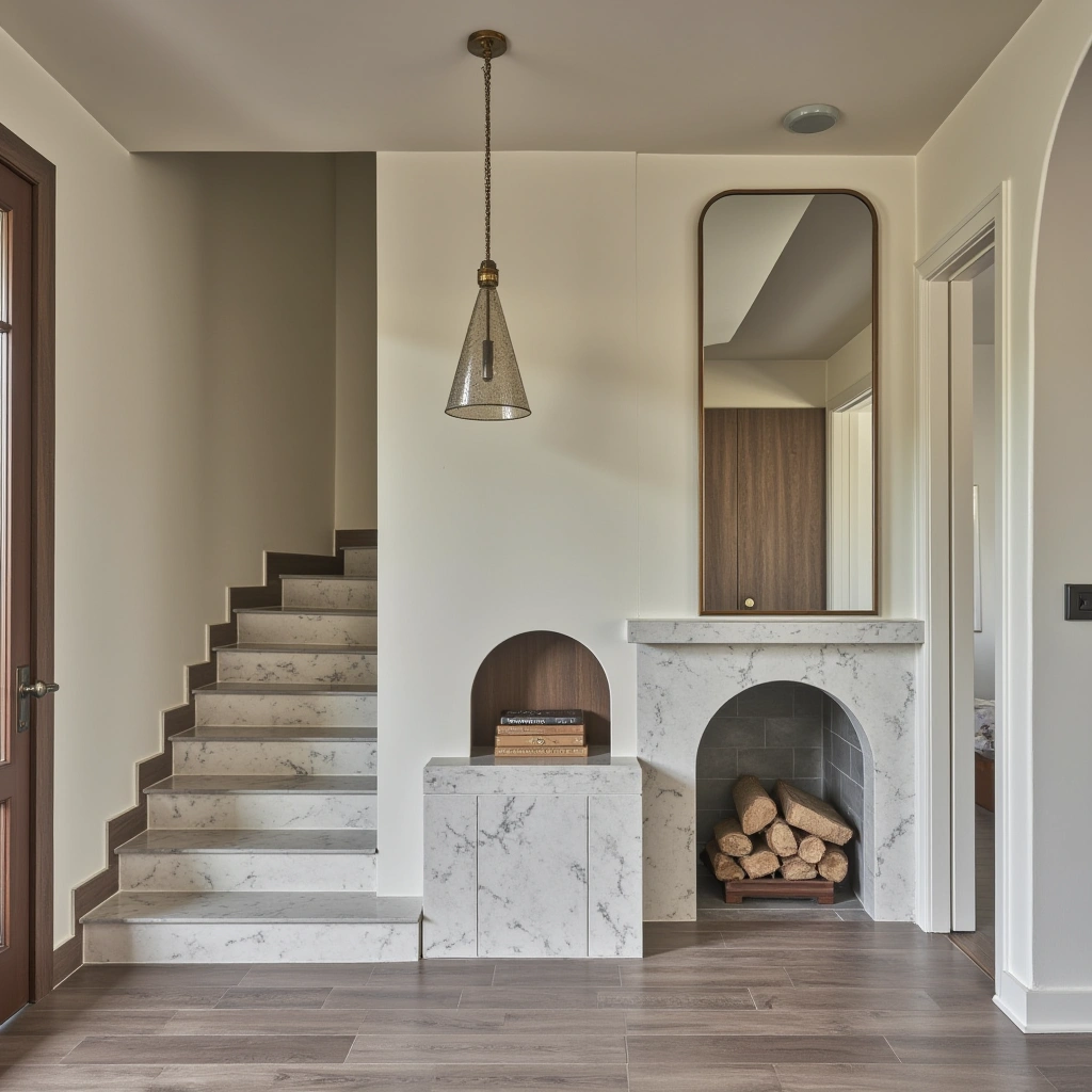11. Marble Staircase with a Built-in Fireplace