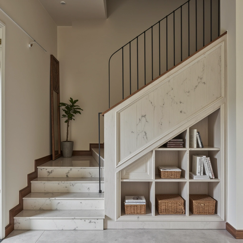 13. Marble Staircase with a Built-in Bookshelf
