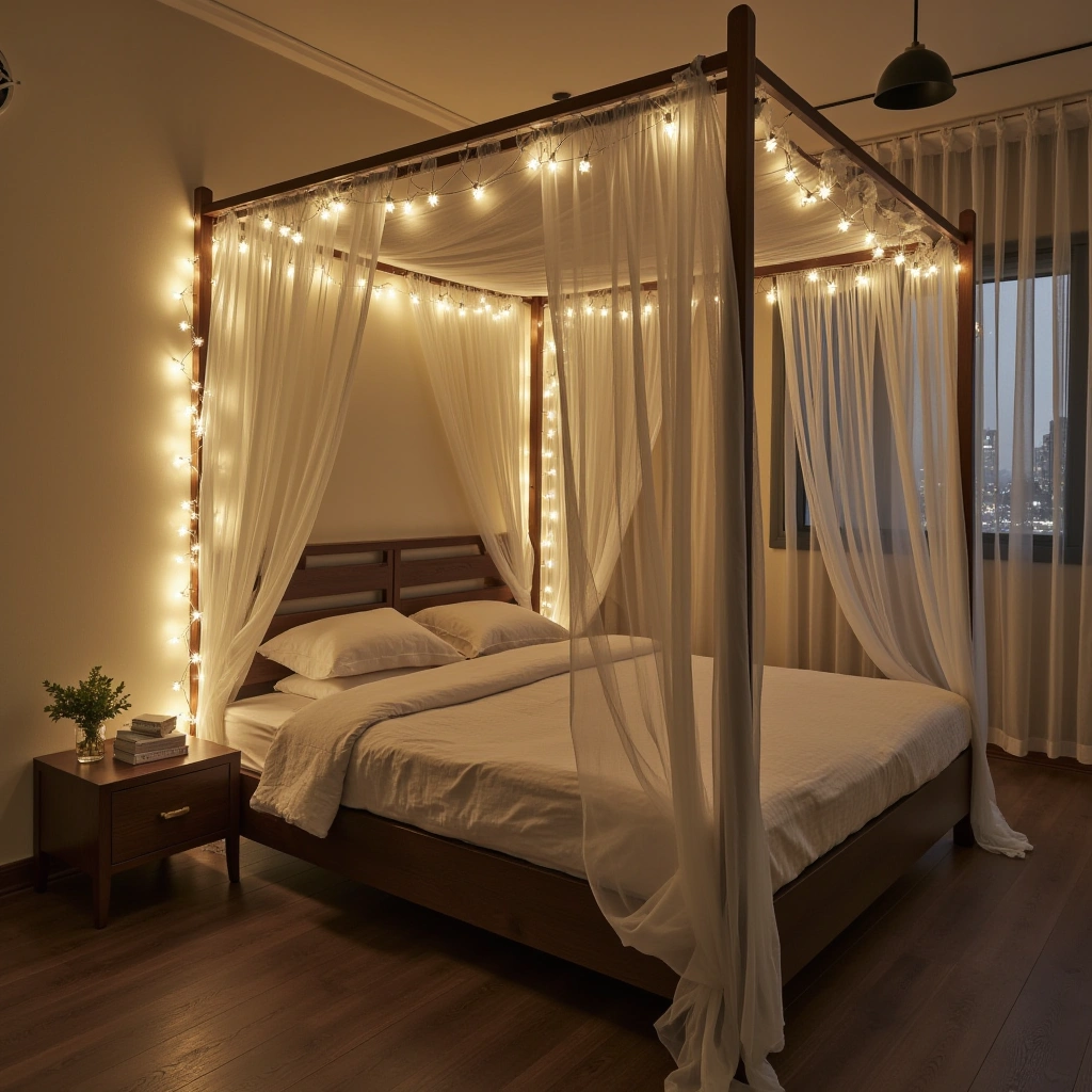 Farmhouse-Style Bed Canopy with Lights
