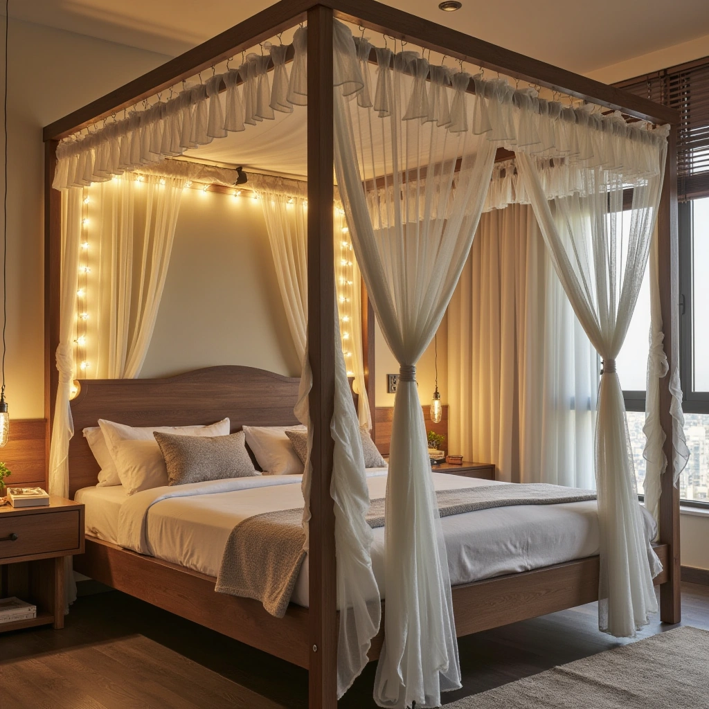 Farmhouse-Style Bed Canopy with Curtains and Lights