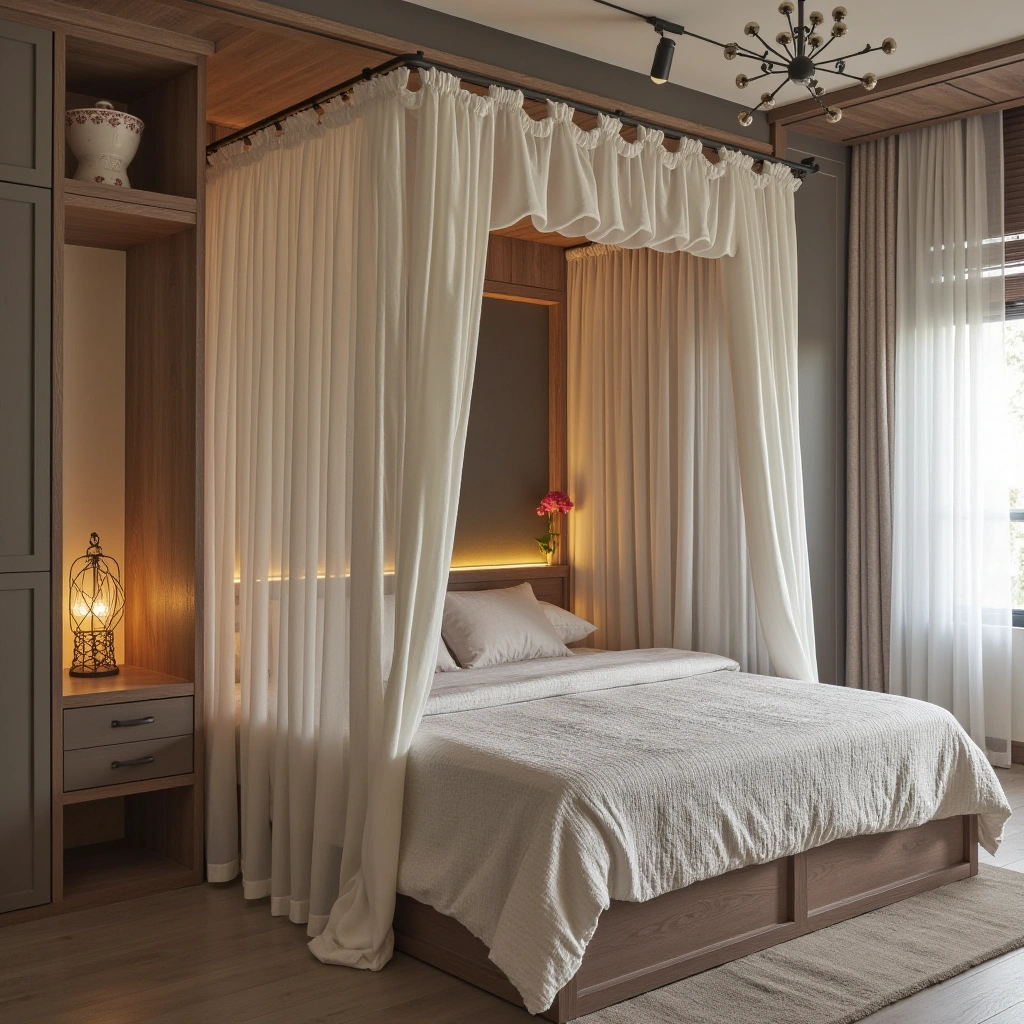 Farmhouse-Style Bed Canopy with Curtains, Lights, and Storage