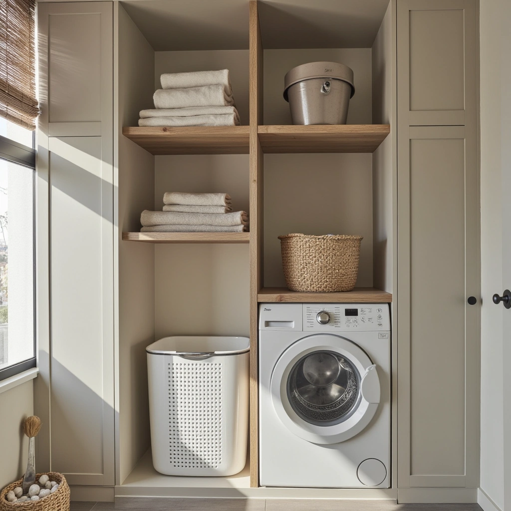 12. Wall-Mounted Laundry Hamper with Shelves